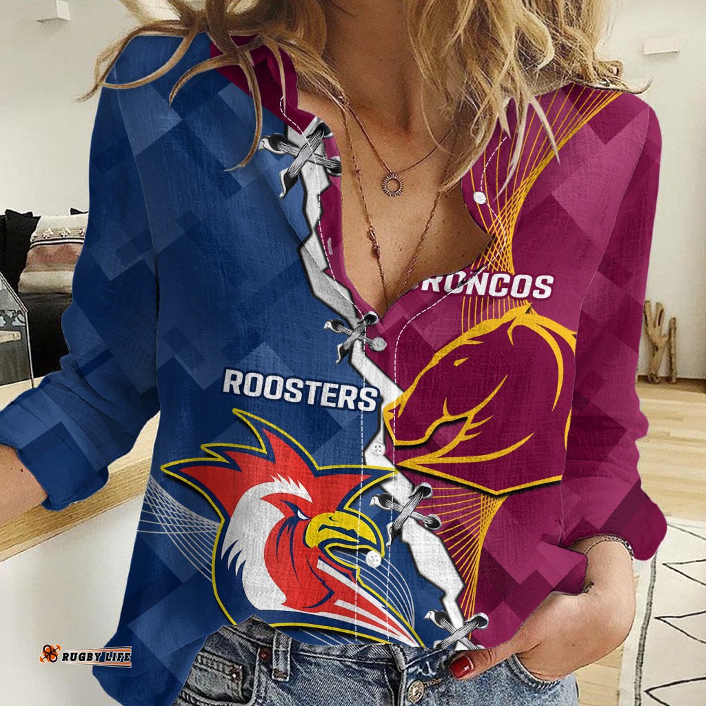 Personalised Roosters And Broncos Rugby Women Casual Shirt NRL 2024 Dynamic Together