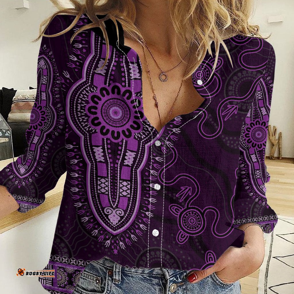 Purple African Dashiki With Australia Aboriginal Art Women Casual Shirt