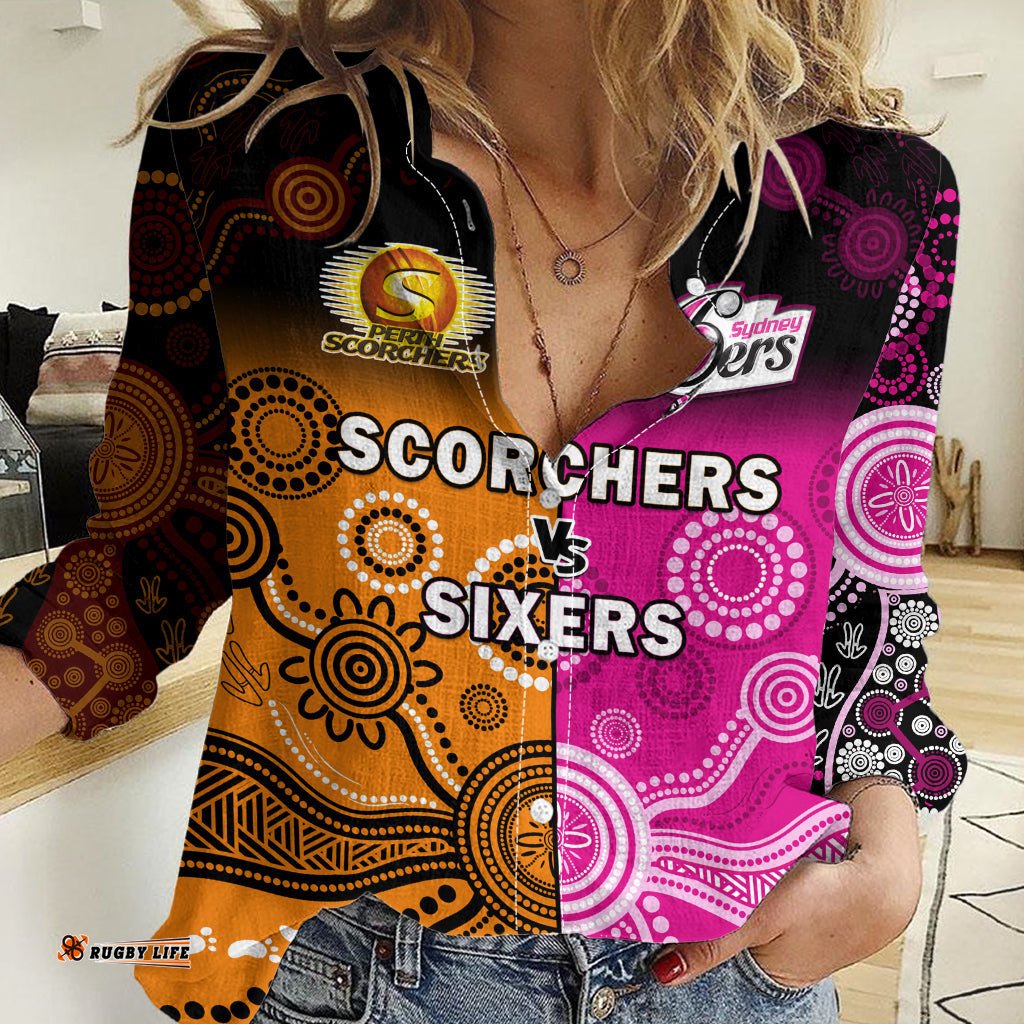 Custom Text And Number Perth Scorchers and Sydney Sixers Cricket Women Casual Shirt Aboriginal Art