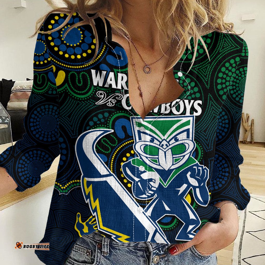 Custom Text And Number NRL Combine Warriors and Cowboys Women Casual Shirt Aboriginal
