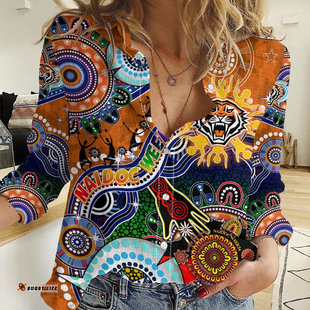 Personalised Tigers NAIDOC Week 2024 Women Casual Shirt Australia Aboriginal Dot Painting