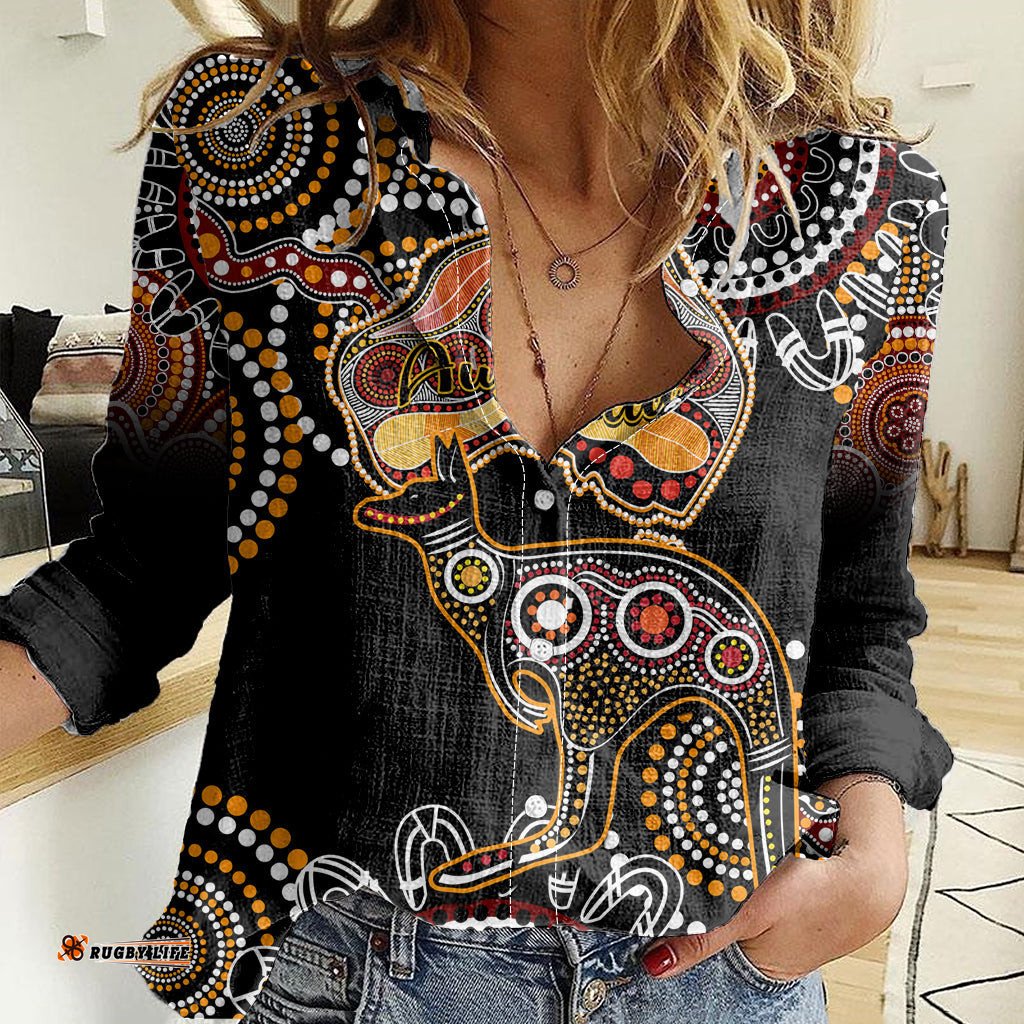 Australia Aboriginal Women Casual Shirt Australian Map With Kangaroo Indigenous Art