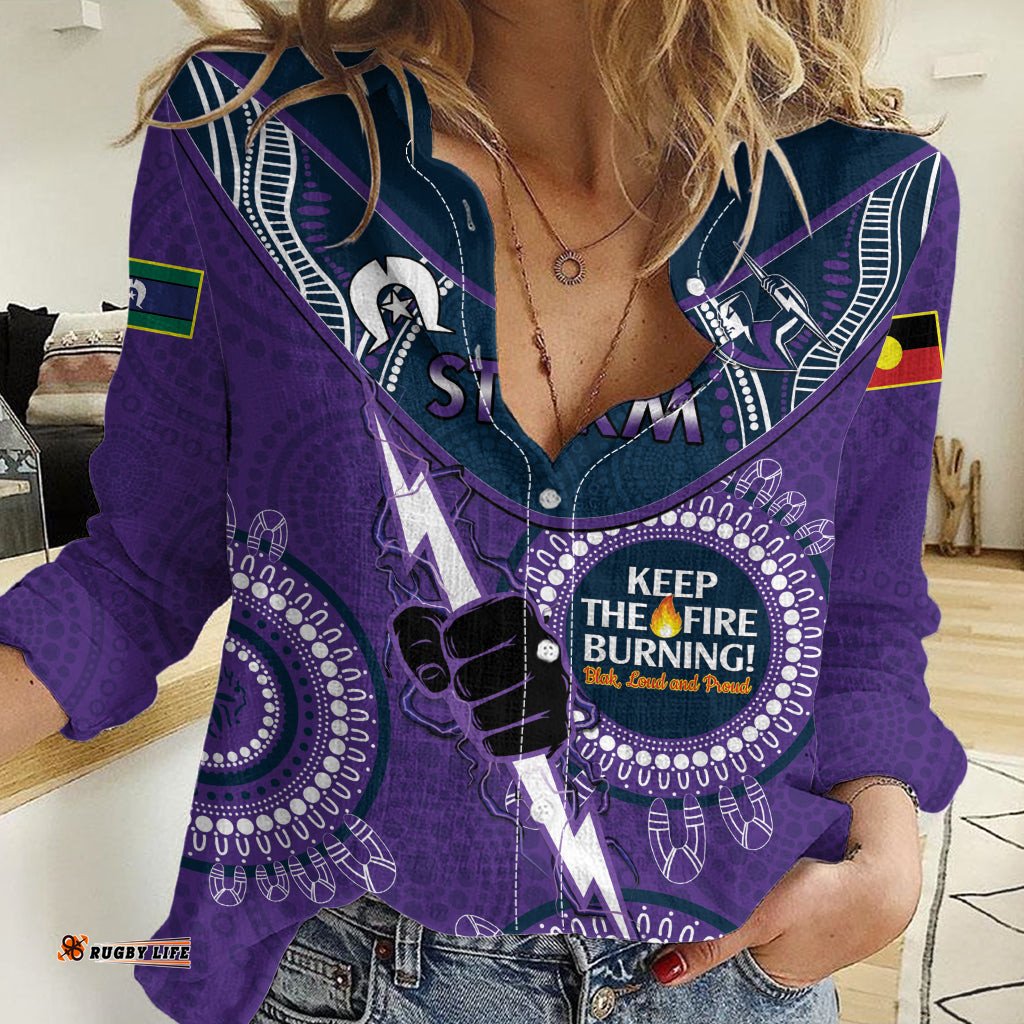 Custom NRL Storm NAIDOC Week Women Casual Shirt Keep The Fire Burning Indigenous Art