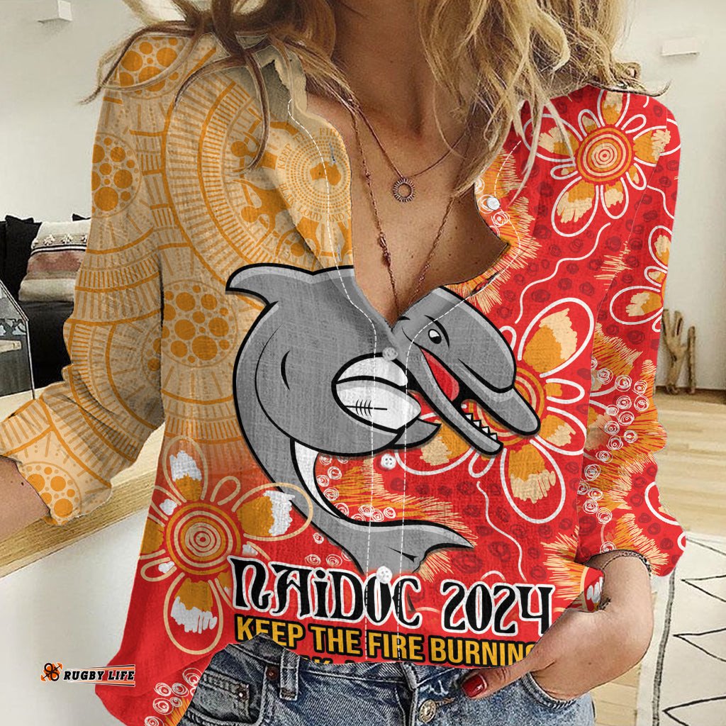 Personalised Dolphins NAIDOC Week 2024 Women Casual Shirt Aboriginal Fire Burning Sparks