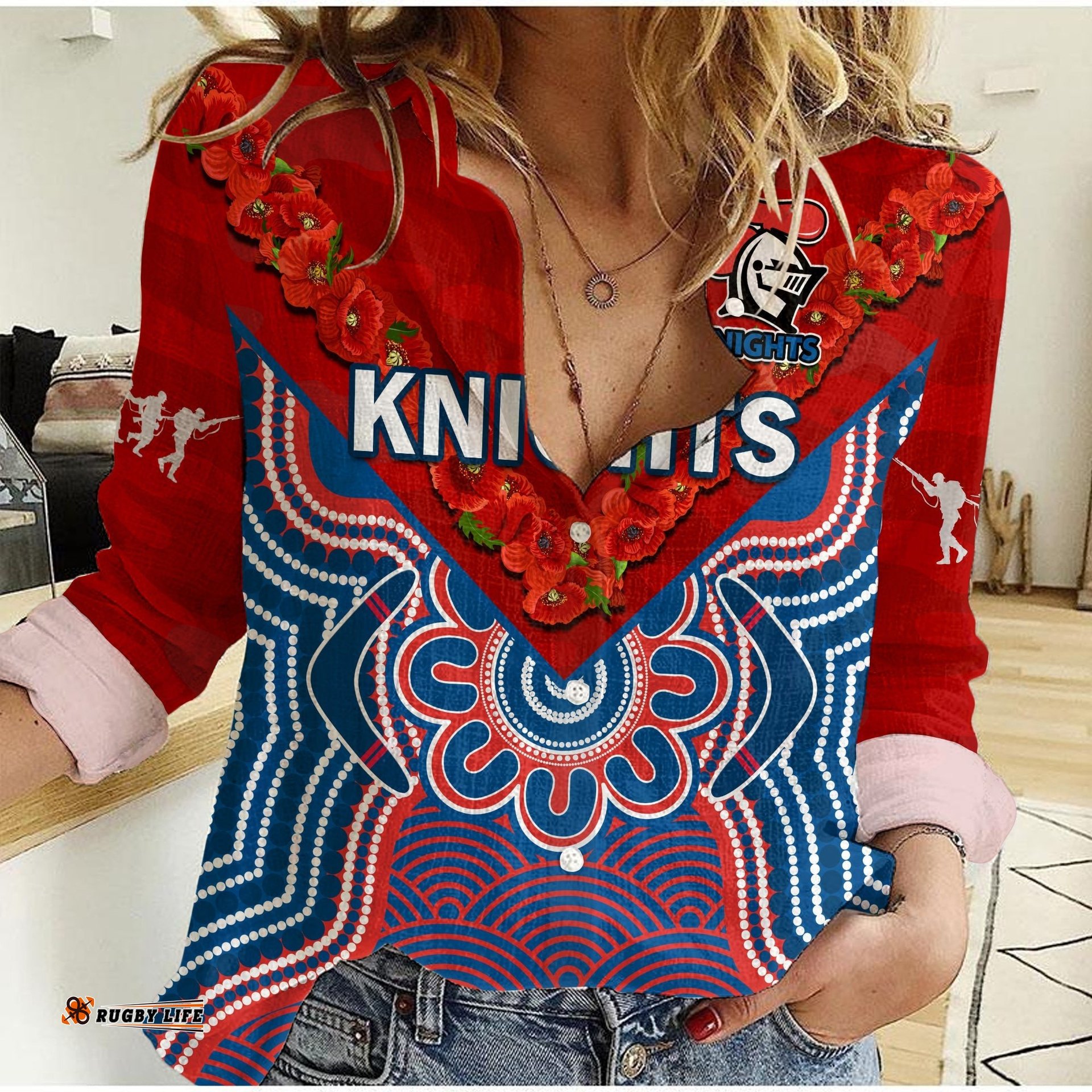 Knights ANZAC 2023 Women Casual Shirt Camouflage Poppy Mix Aboriginal