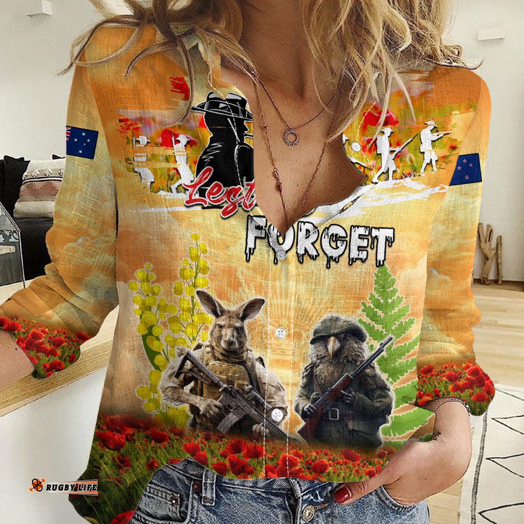 Australia And New Zealand ANZAC Day Women Casual Shirt Kangaroo And Kiwi Bird Soldiers Lest We Forget