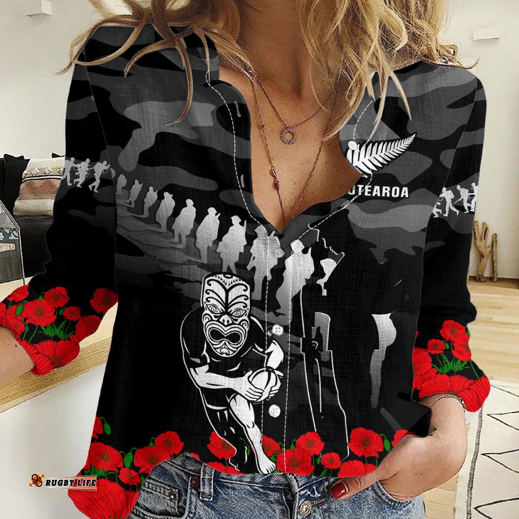 Custom Text And Number New Zealand ANZAC Rugby Women Casual Shirt Silver Fern All Black Camouflage Mix Poppy