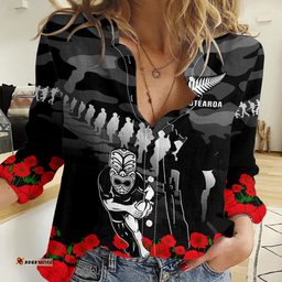Custom Text And Number New Zealand ANZAC Rugby Women Casual Shirt Silver Fern All Black Camouflage Mix Poppy