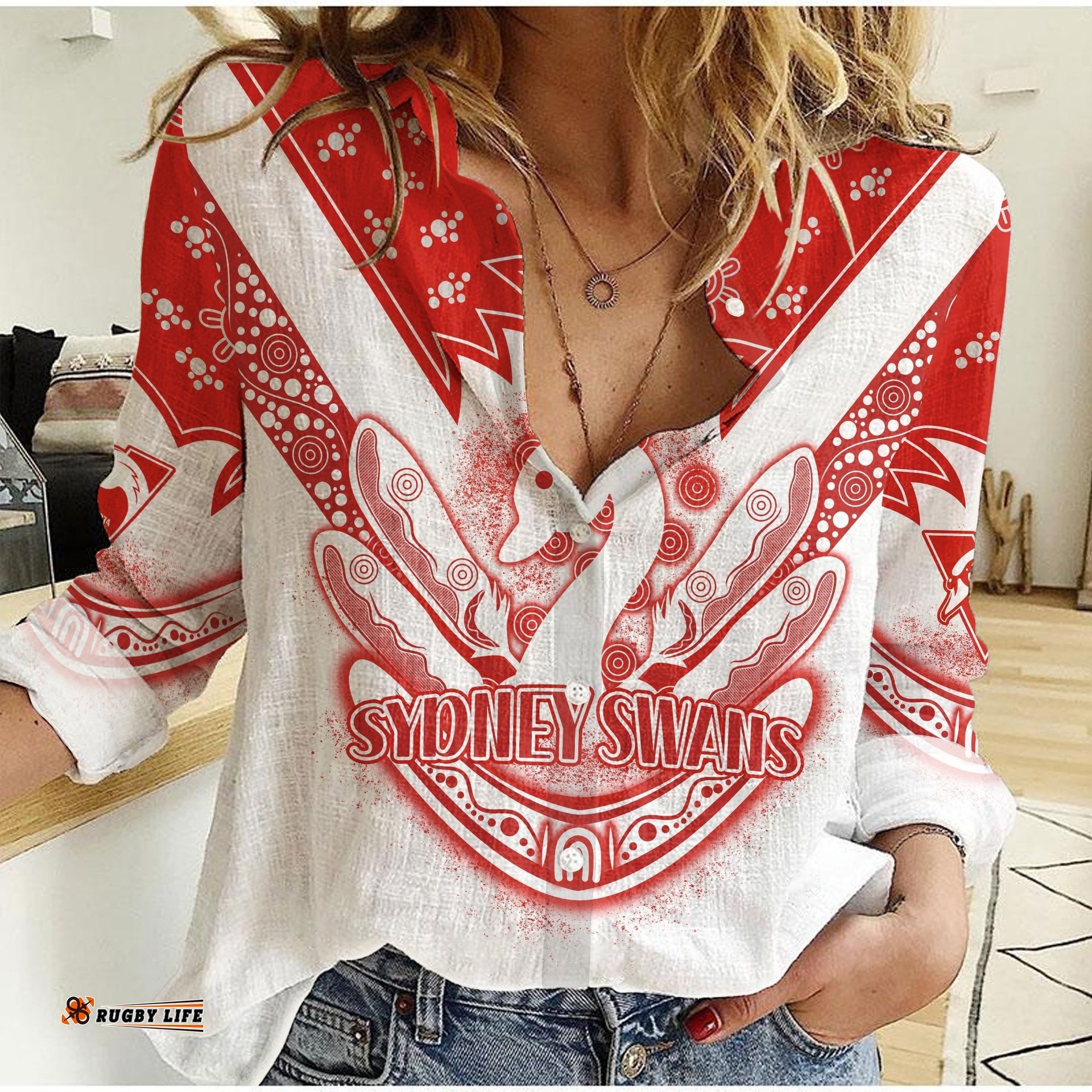 Custom Text and Number Swans Football Women Casual Shirt Est 1874 Aboriginal Boomerang Sydney Bloods