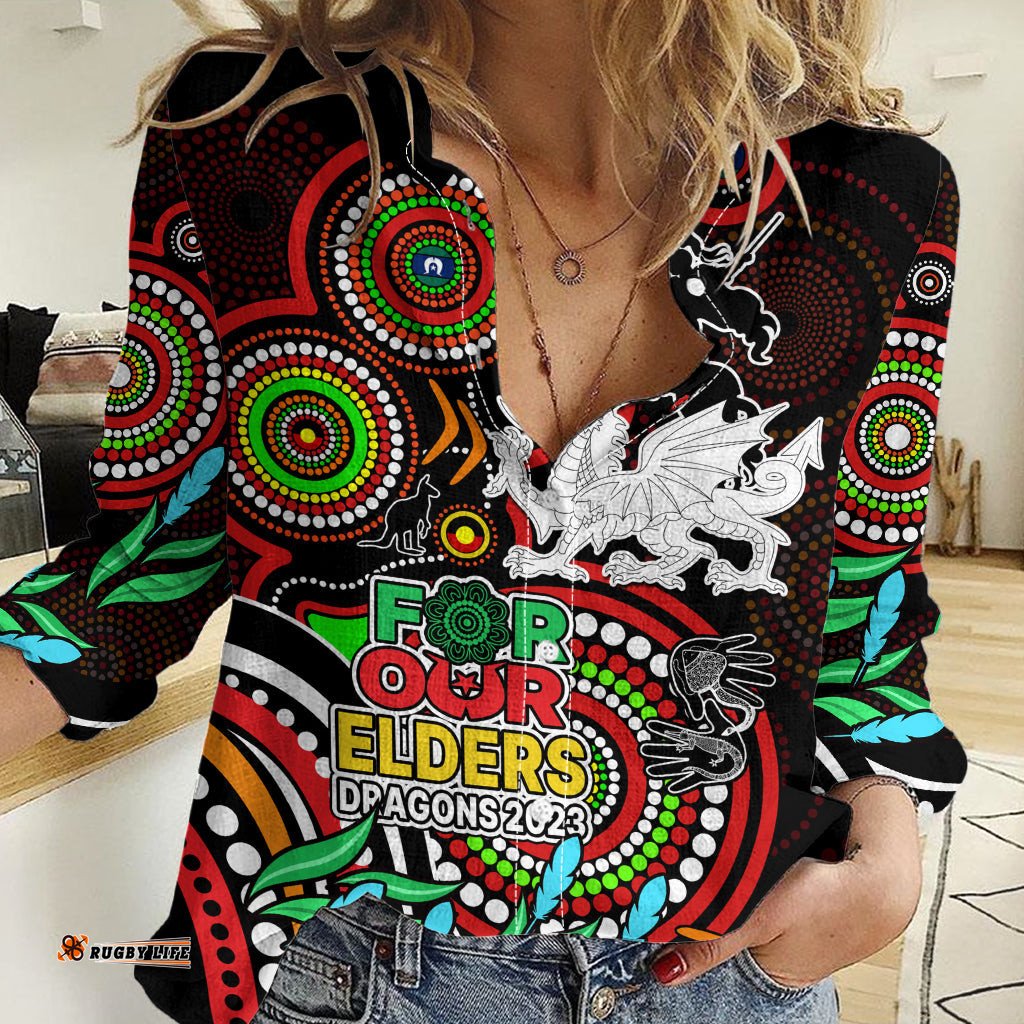 Dragons Rugby Aboriginal Art Women Casual Shirt NAIDOC Indigenous Tribal