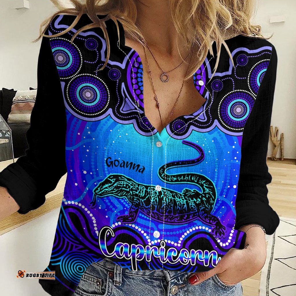 Personalised Australia Capricorn Goanna Zodiac Women Casual Shirt Auz Astrology Aboriginal - Blue