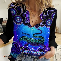Personalised Australia Capricorn Goanna Zodiac Women Casual Shirt Auz Astrology Aboriginal - Blue