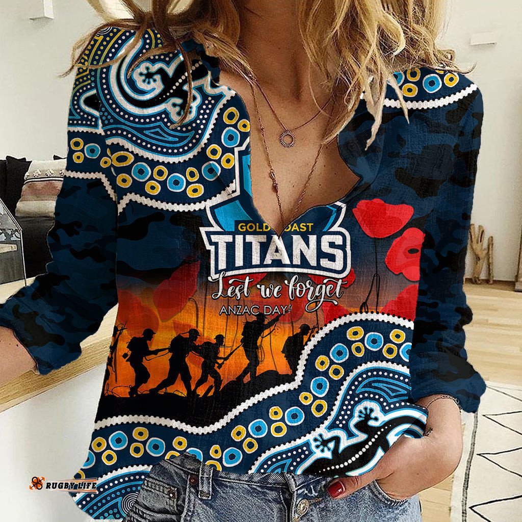 Custom Personalised Anzac Day NRL - Titans Women Casual Shirt Aboriginal Lizard Patterns