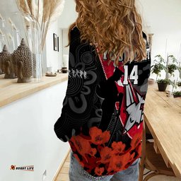 Custom Text And Number Essendon Football ANZAC 2023 Women Casual Shirt Bombers Aboriginal Mix Poppy Camouflage