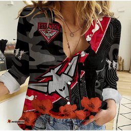Custom Text And Number Essendon Football ANZAC 2023 Women Casual Shirt Bombers Aboriginal Mix Poppy Camouflage
