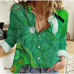 Custom Text and Number Torres Strait Islanders Flag with Aboriginal Patterns Green Women Casual Shirt