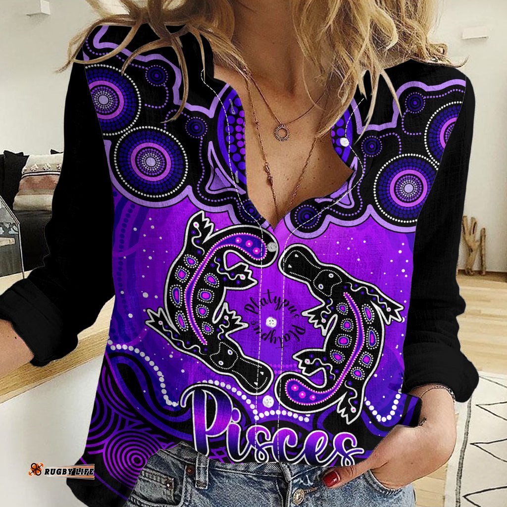 Personalised Australia Pisces Platypus Zodiac Women Casual Shirt Auz Astrology Aboriginal - Purple
