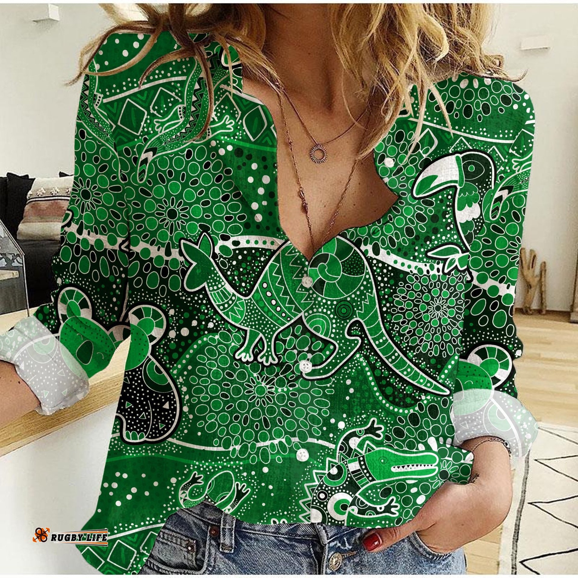 Women Casual Shirt Aboriginal Animal and Dot Acrylic Paint Ver.03