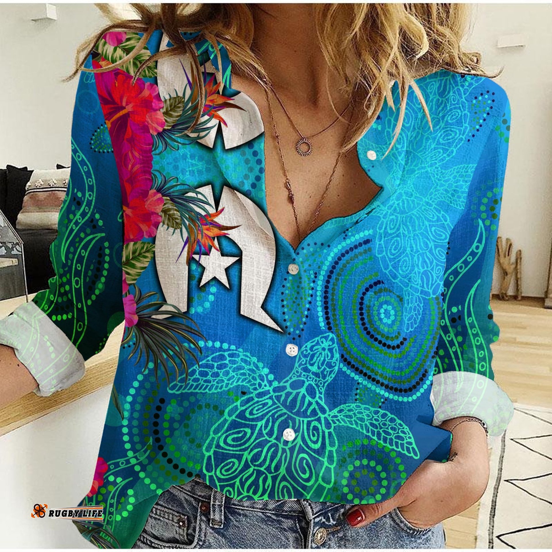 Custom Personalised Women Casual Shirt Torres Strait Blue Sea With Hibiscus
