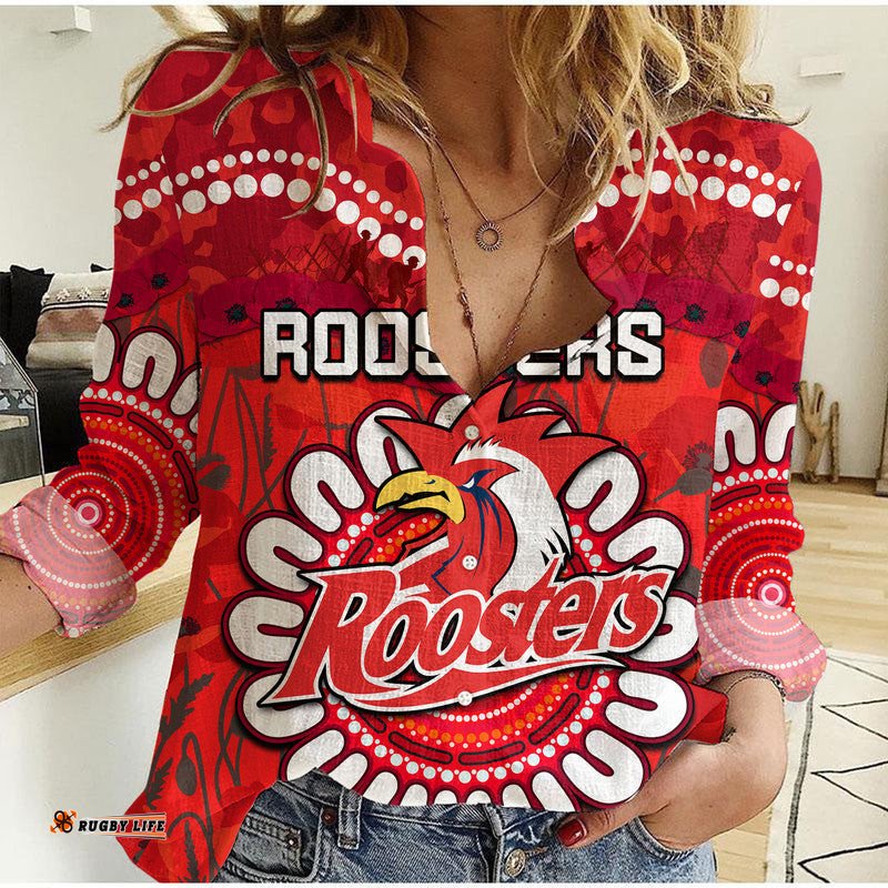 Roosters Rugby ANZAC Women Casual Shirt Camouflage Poppy