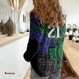 Custom New Zealand Warriors Rugby Women Casual Shirt Hibiscus and Turtle With Polynesian Pattern