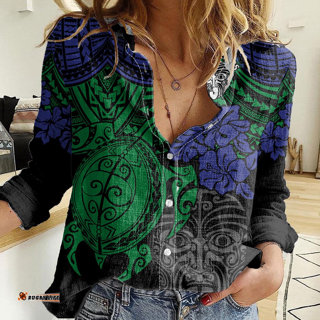Custom New Zealand Warriors Rugby Women Casual Shirt Hibiscus and Turtle With Polynesian Pattern