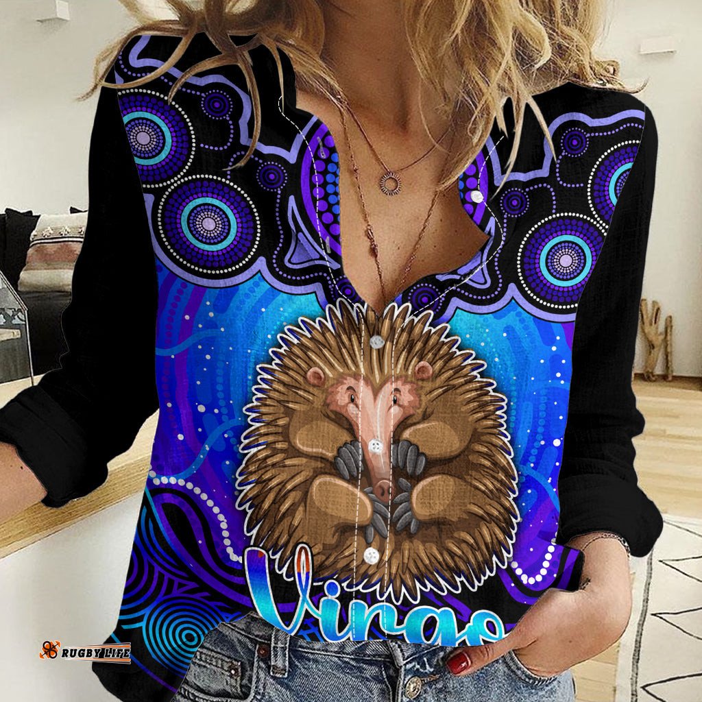 Personalised Australia Virgo Echidna Zodiac Women Casual Shirt Auz Astrology Aboriginal - Blue