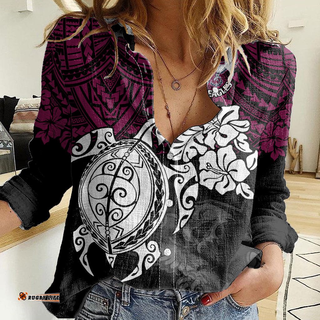 Custom Sea Eagles Rugby Women Casual Shirt Silvertails Hibiscus and Turtle With Polynesian Pattern