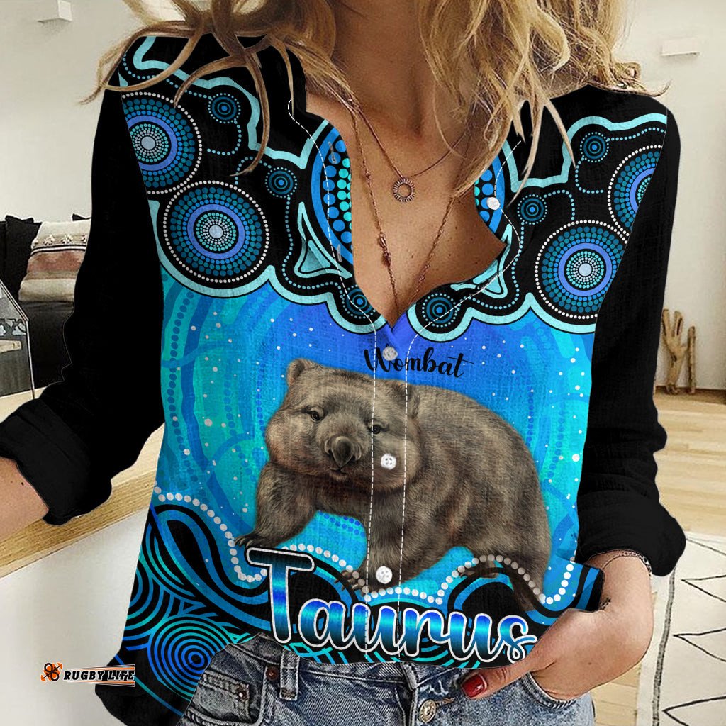Personalised Australia Taurus Wombat Zodiac Women Casual Shirt Auz Astrology Aboriginal - Aqua