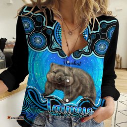 Personalised Australia Taurus Wombat Zodiac Women Casual Shirt Auz Astrology Aboriginal - Aqua