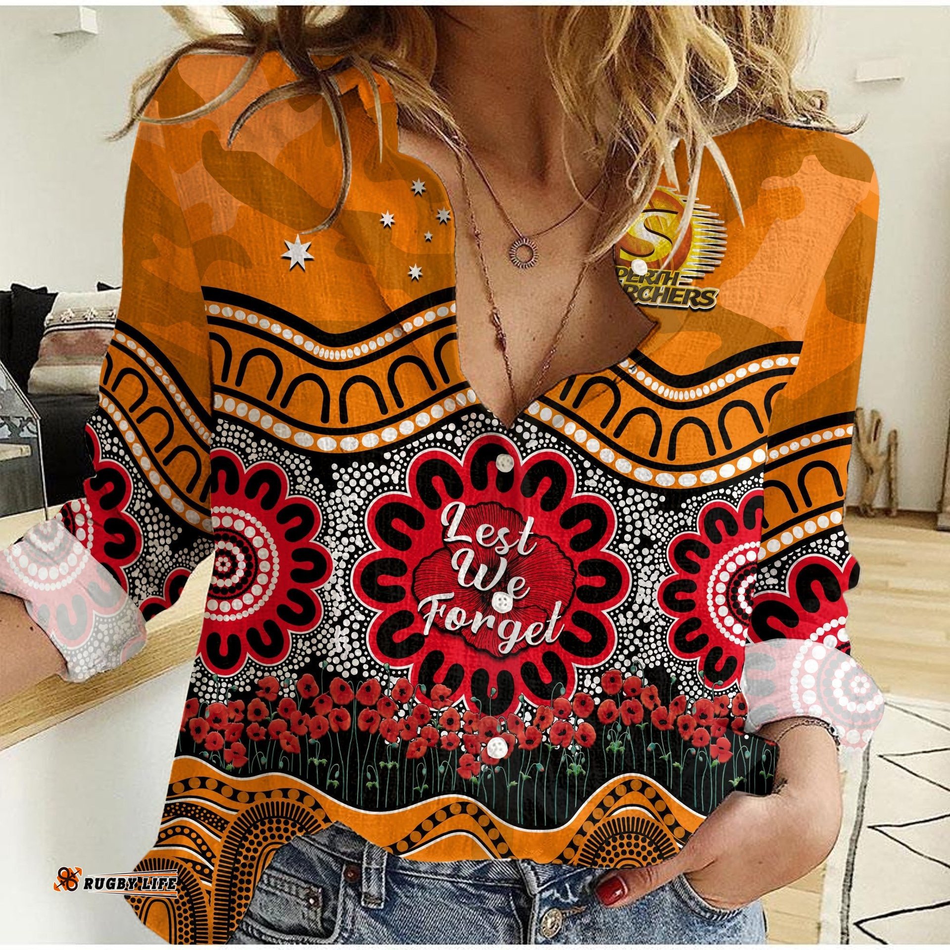 Perth Scorchers Cricket ANZAC Women Casual Shirt Poppy Aboriginal Camouflage