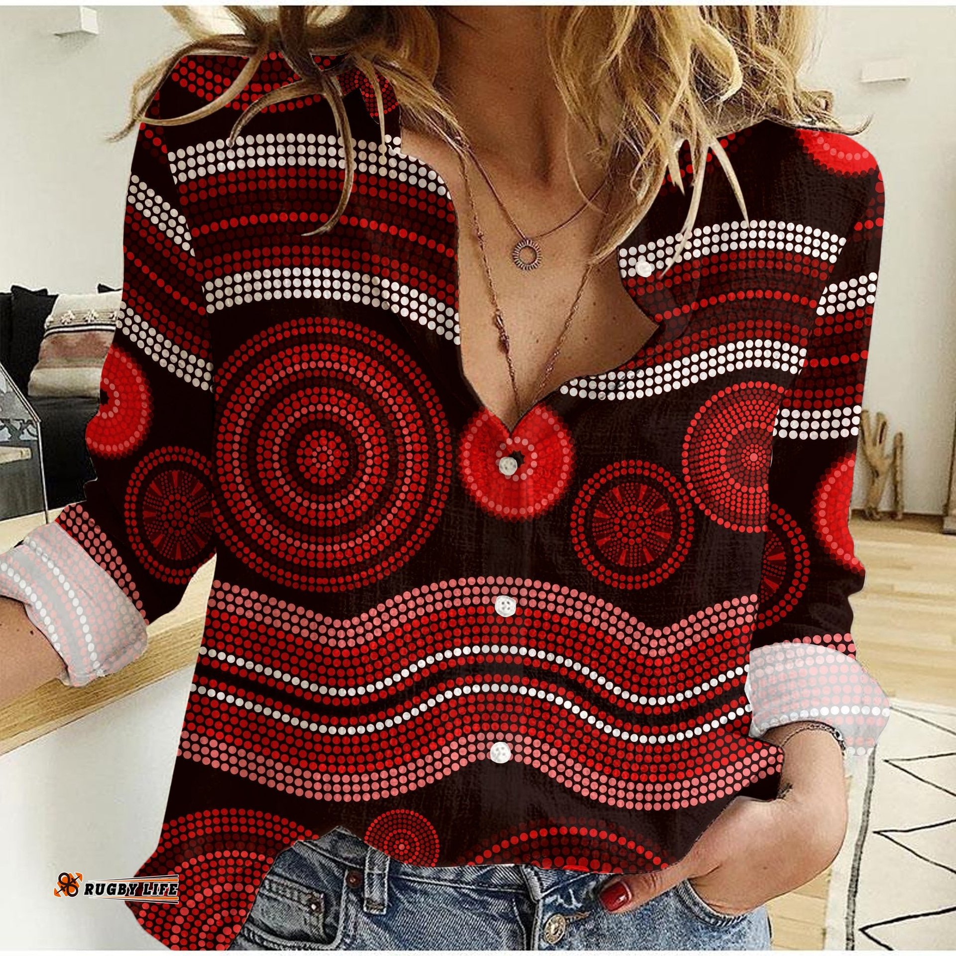 Women Casual Shirt Aboriginal Dot Unique Style Red