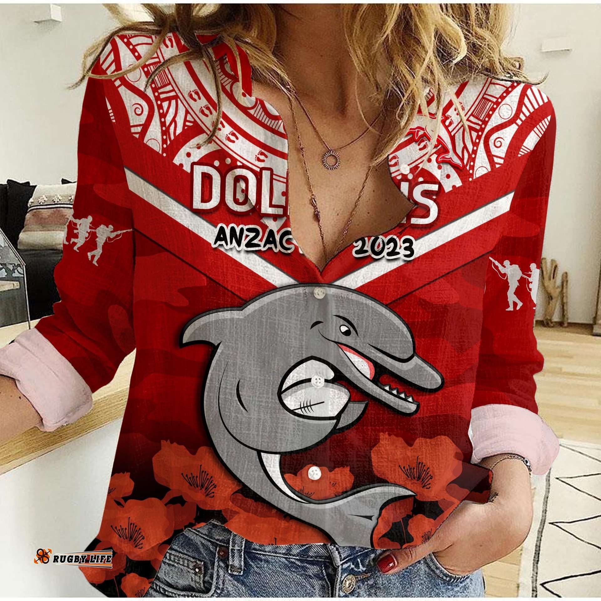 Custom Text And Number Dolphins Rugby ANZAC 2023 Women Casual Shirt Dots Poppy Mix Camouflage Lest We Forget