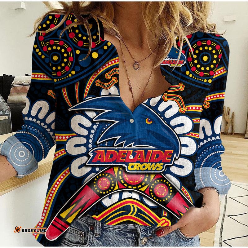 Adelaide Crows Football Women Casual Shirt Boomerang Indigenous Dots