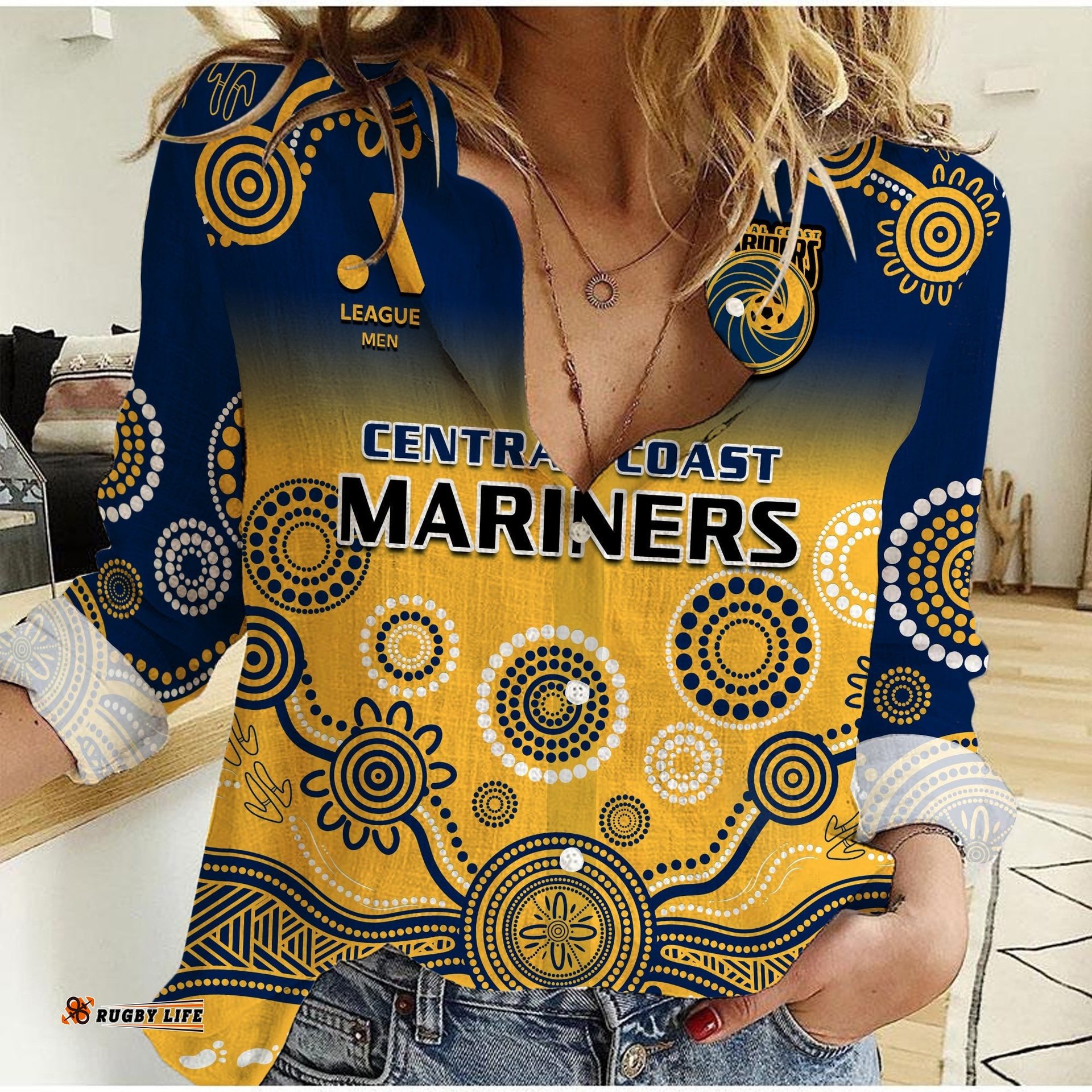 Central Coast Football Women Casual Shirt A League Men Mariners 2004 Indigenous Gradient Style