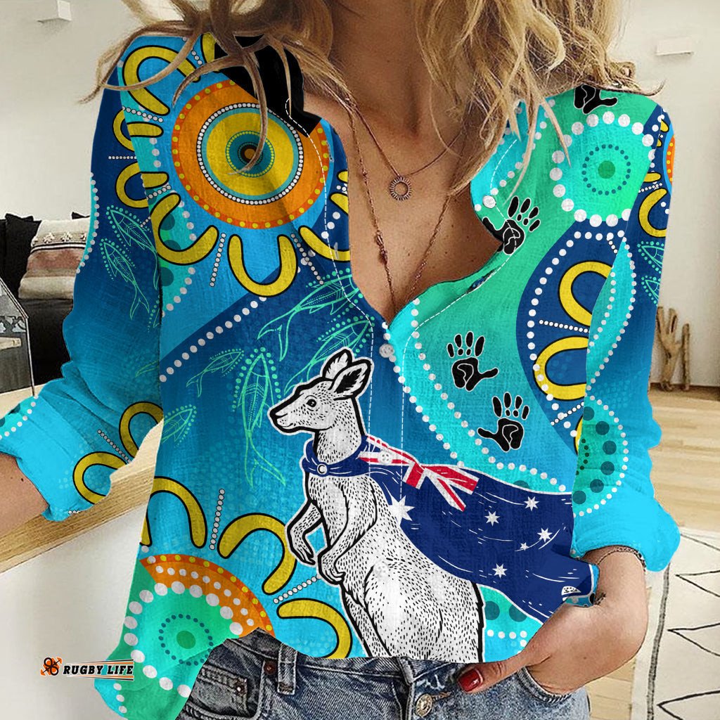 Personalised Australia Kangaroo Women Casual Shirt Aboriginal Tribal Art Stylization