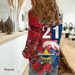 Custom Text And Number NRL Half Dolphins and Half Cowboys Rugby Women Casual Shirt Aboriginal 2023