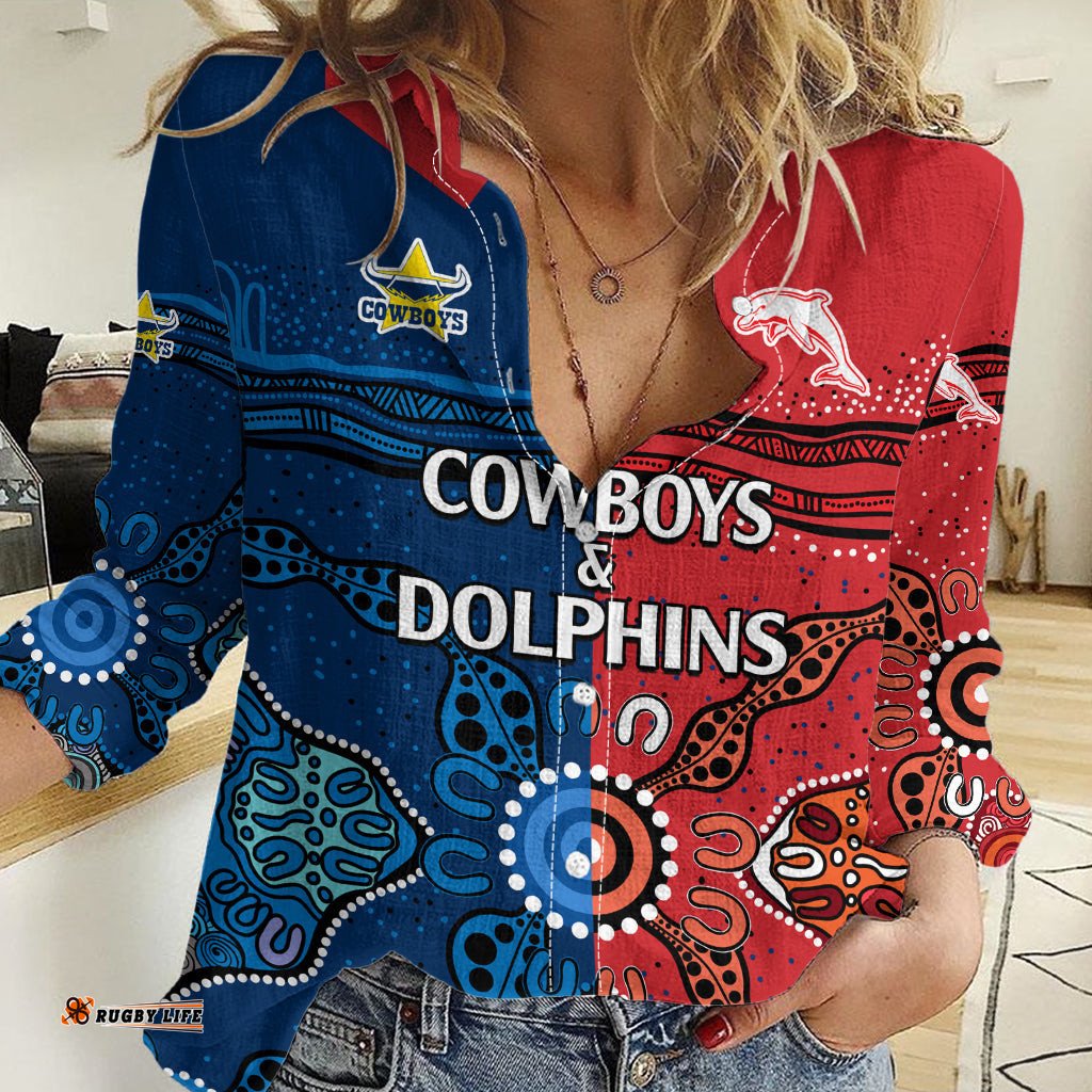 Custom Text And Number NRL Half Dolphins and Half Cowboys Rugby Women Casual Shirt Aboriginal 2023