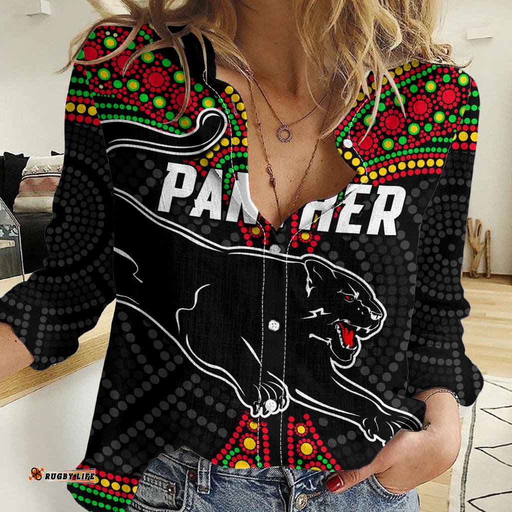 Custom Text And Number Panthers Liquorice Allsorts Rugby Aboriginal Women Casual Shirt