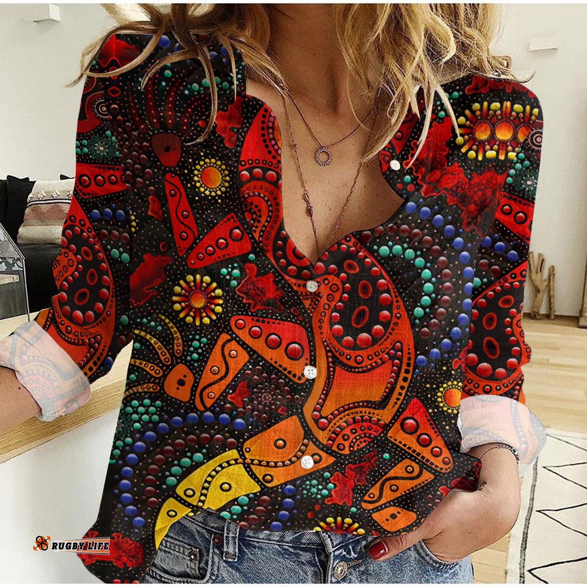 Women Casual Shirt Australia Aboriginal Lizard Red Dot Painting Style