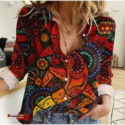 Women Casual Shirt Australia Aboriginal Lizard Red Dot Painting Style