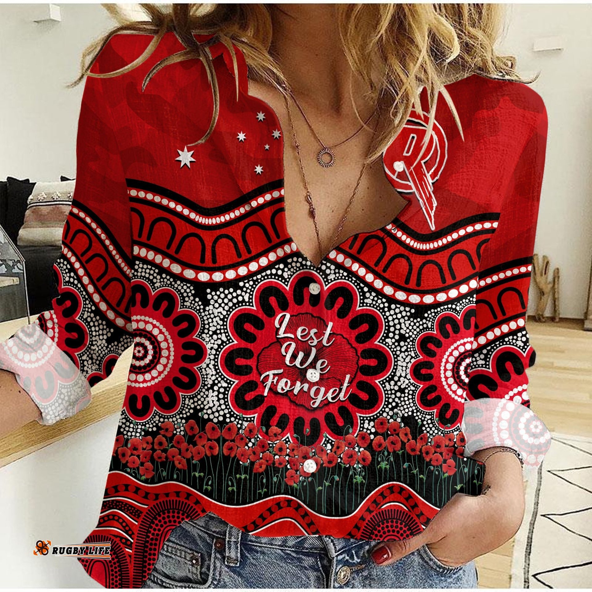Custom Text And Number Renegades Cricket ANZAC Women Casual Shirt Melbourne Poppy Aboriginal Camouflage