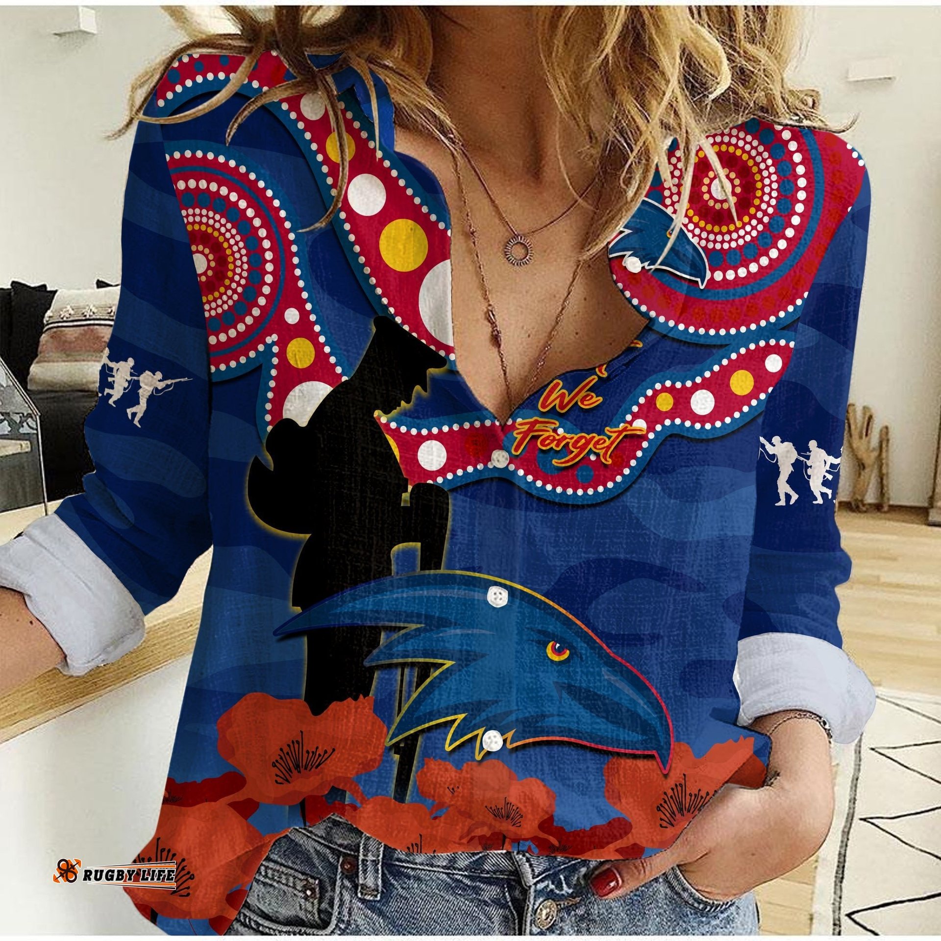 Adelaide Football ANZAC 2023 Women Casual Shirt Crows Aboriginal Mix Poppy Camouflage