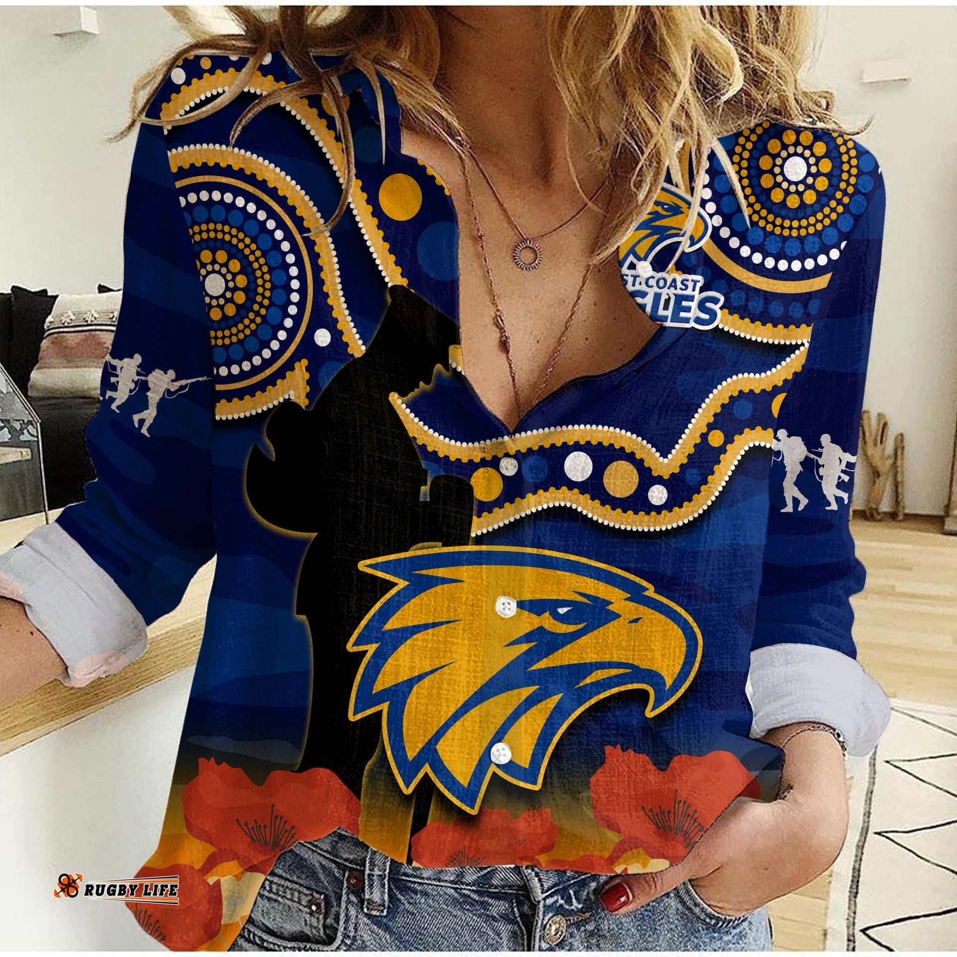 Eagles Football ANZAC 2023 Women Casual Shirt West Coast Indigenous Mix Poppy Camouflage