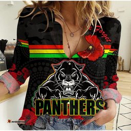 Panthers Rugby ANZAC Women Casual Shirt Angry Panther Camouflage With Poppy