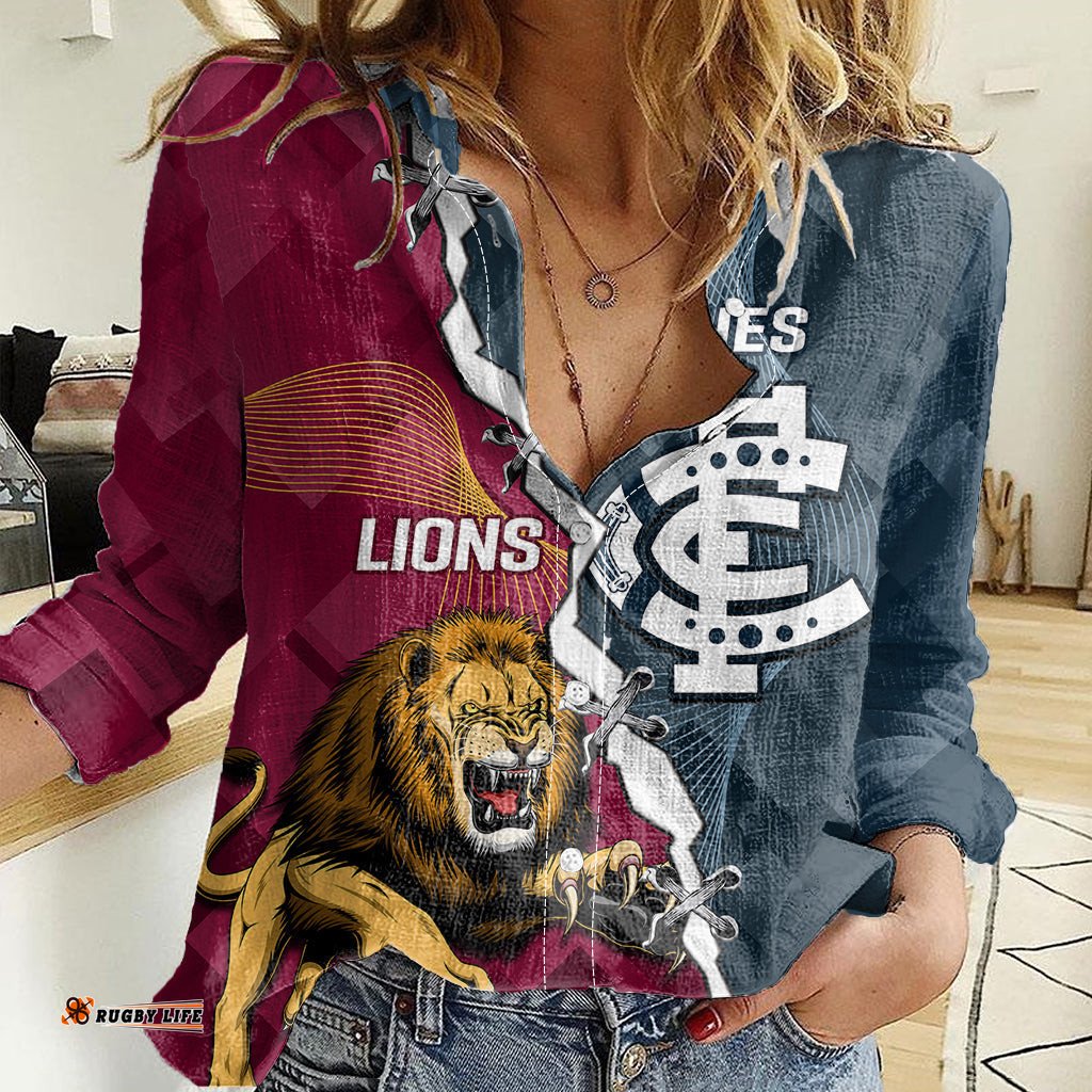 Personalised Lions And Blues Football Women Casual Shirt 2023 Together Sporty Style