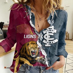 Personalised Lions And Blues Football Women Casual Shirt 2023 Together Sporty Style