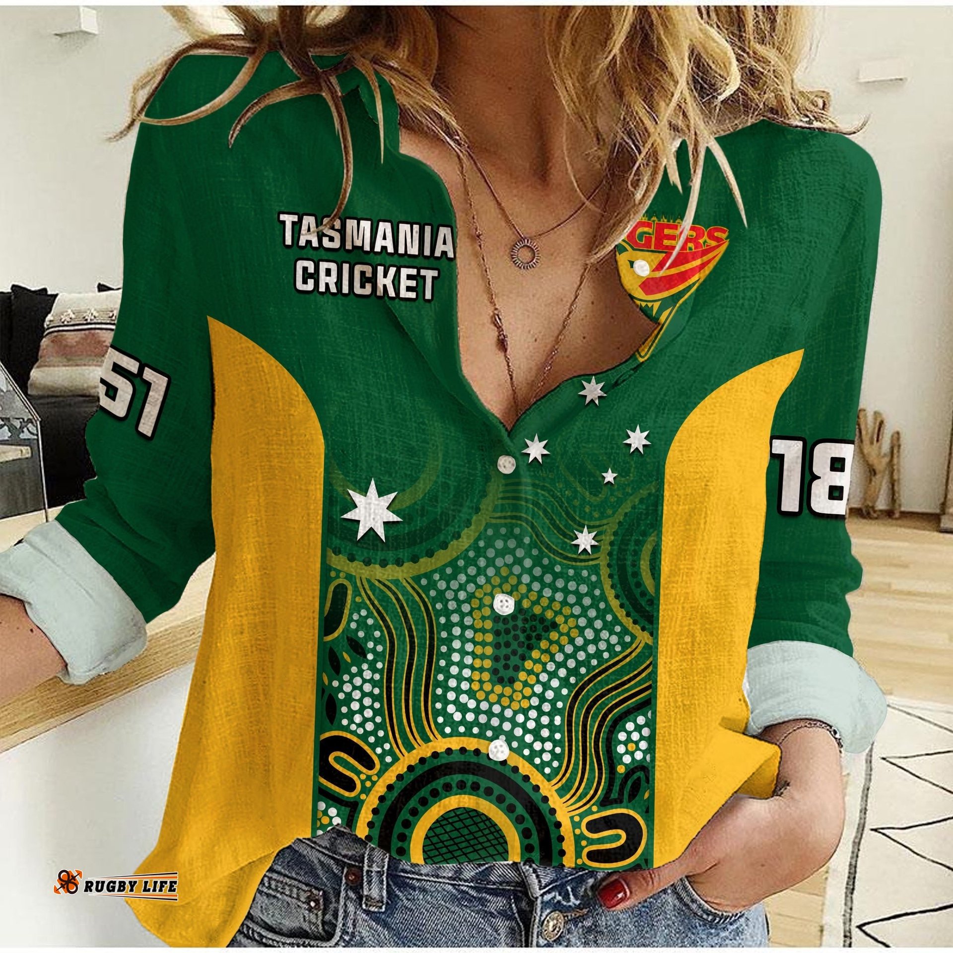 Custom Text And Number Tasmania Cricket 2023 Women Casual Shirt Tigers Sheffield Shield Indigenous