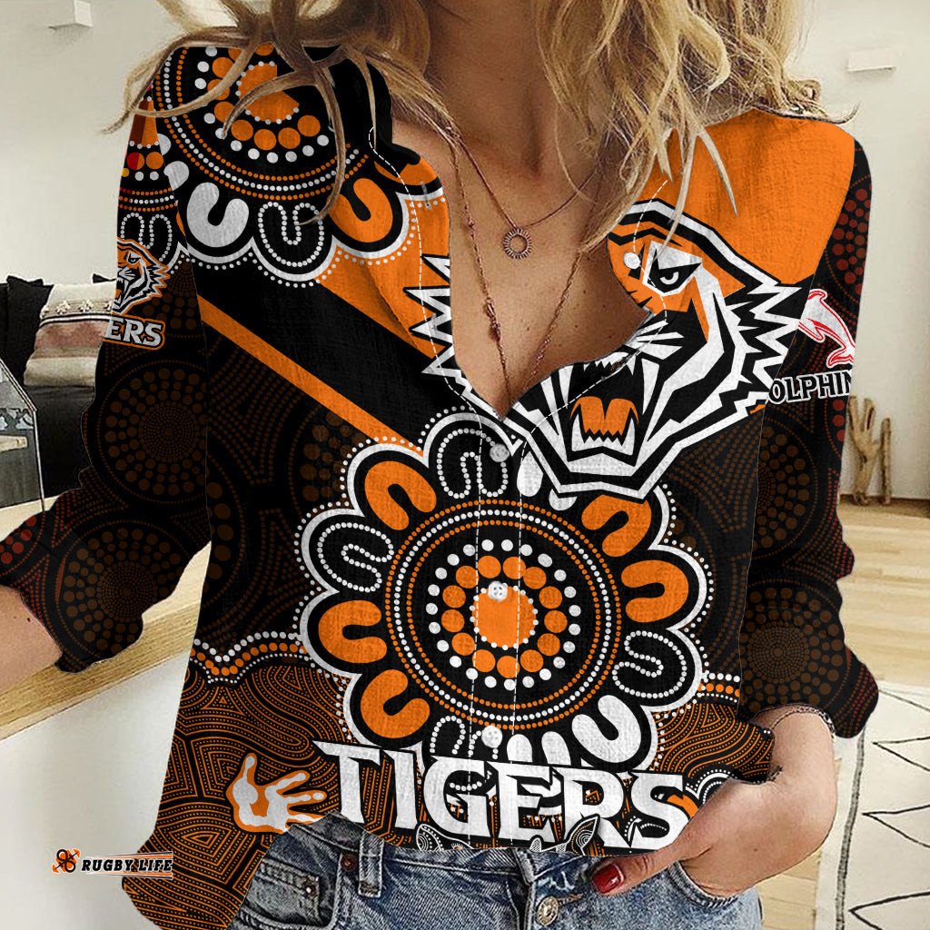 NRL Wests Tigers Combine Dolphins Rugby Women Casual Shirt Aboriginal Vibe