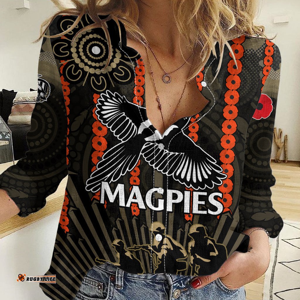 ANZAC Collingwood Football Women Casual Shirt Proud To Be Magpies Poppy Flowers and Aboriginal Version